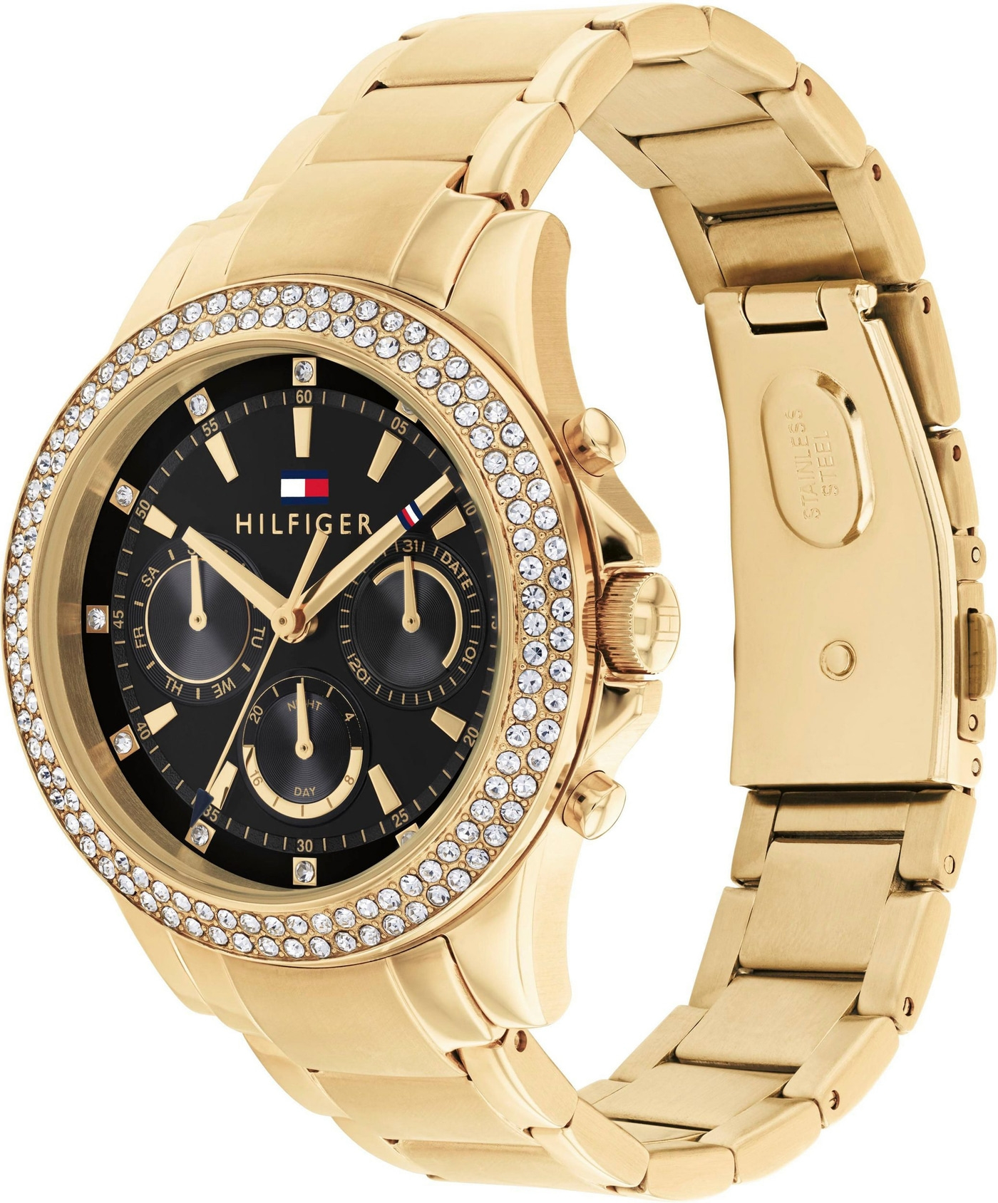 Goldene Tommy Hilfiger Uhr mit schwarzen Zifferblatt und Diamanten, Edelstahl