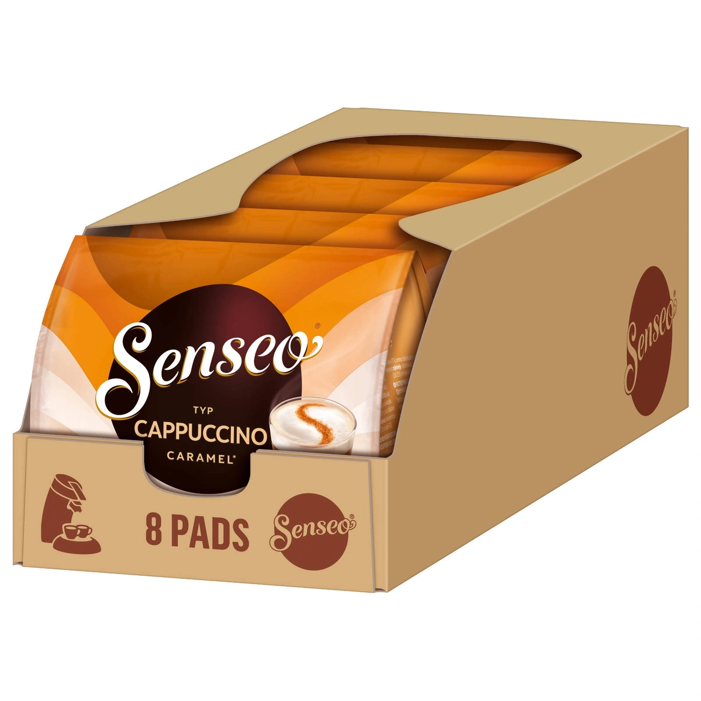 Senseo Cappuccino Caramel Pads in einer braunen Box mit 8 Pads