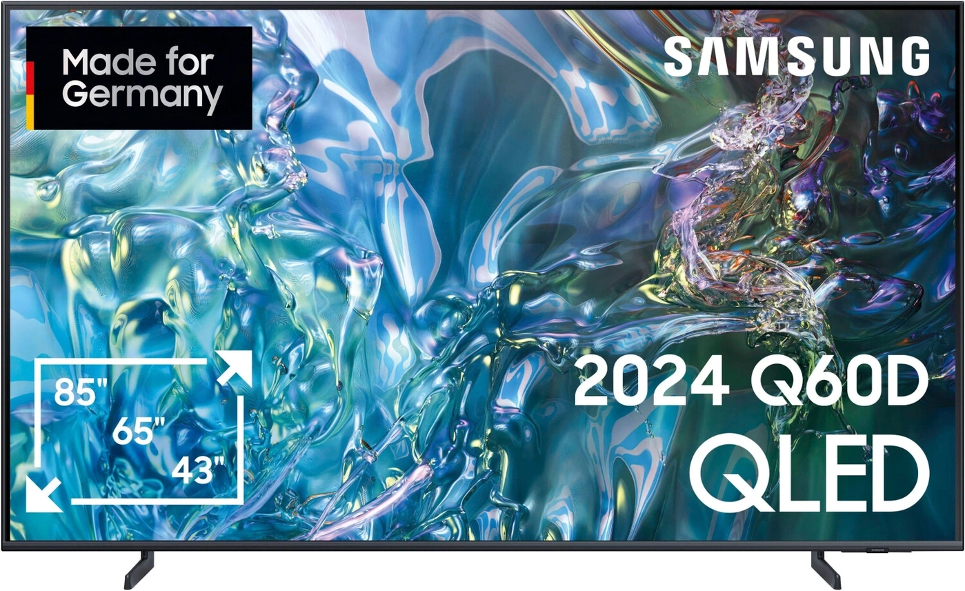 Samsung 2024 Q60D QLED Fernseher mit "Made for Germany" Siegel und Größenangaben.