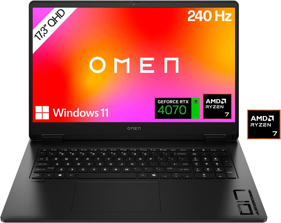 Omen Laptop mit 17,3 Zoll QHD, 240 Hz, GeForce RTX 4070, AMD Ryzen 7, Windows 11.