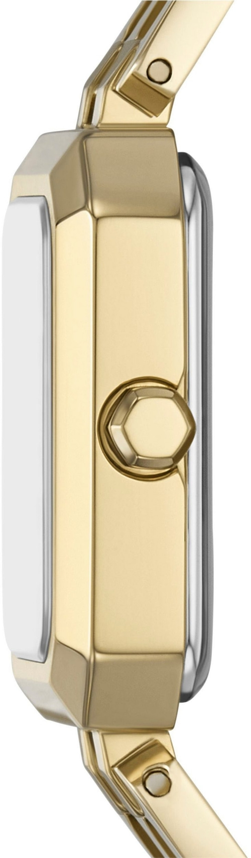 Detailansicht einer goldfarbenen Damenuhr mit silbernem Armband und achteckigem Gehäuse, Nahaufnahme der Krone.