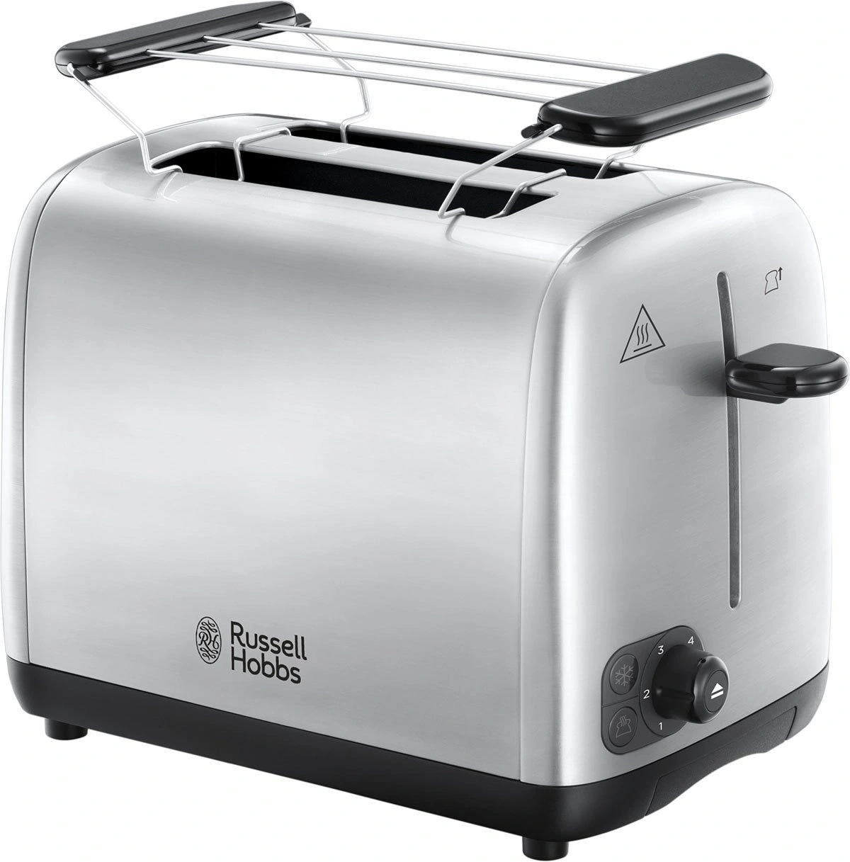 Silberner Toaster mit schwarzem Bedienfeld und Aufsatz für Brot. Russell Hobbs.