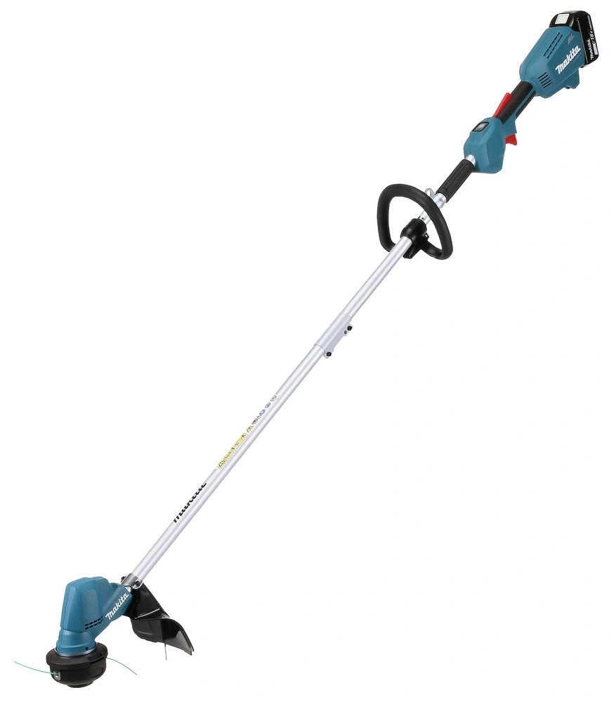 Akku-Trimmer von Makita mit langen Schaft und grünem Griff.