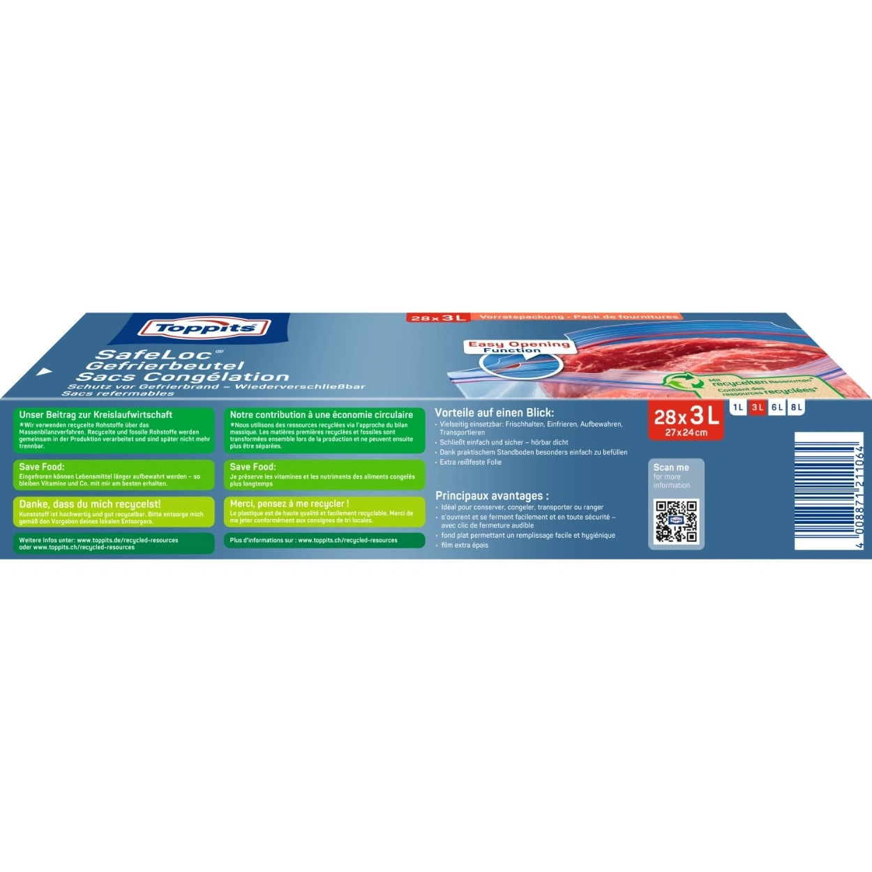 Toppits Gefrierbeutel, SafeLoc, wiederverschließbar, 28x3L