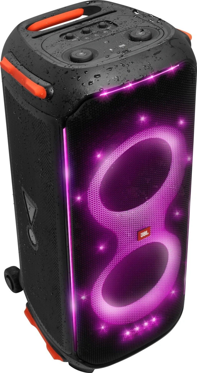 Schwarzer Lautsprecher mit orangefarbenen Griffen und lila Lichtern, JBL-Logo