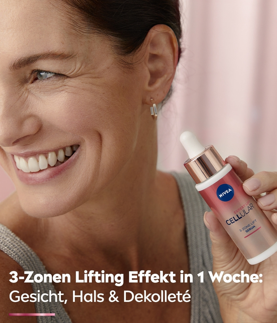 Frau mit Nivea-Serum, 3-Zonen-Lifting-Effekt, Gesicht, Hals & Dekolleté, in einer Woche.