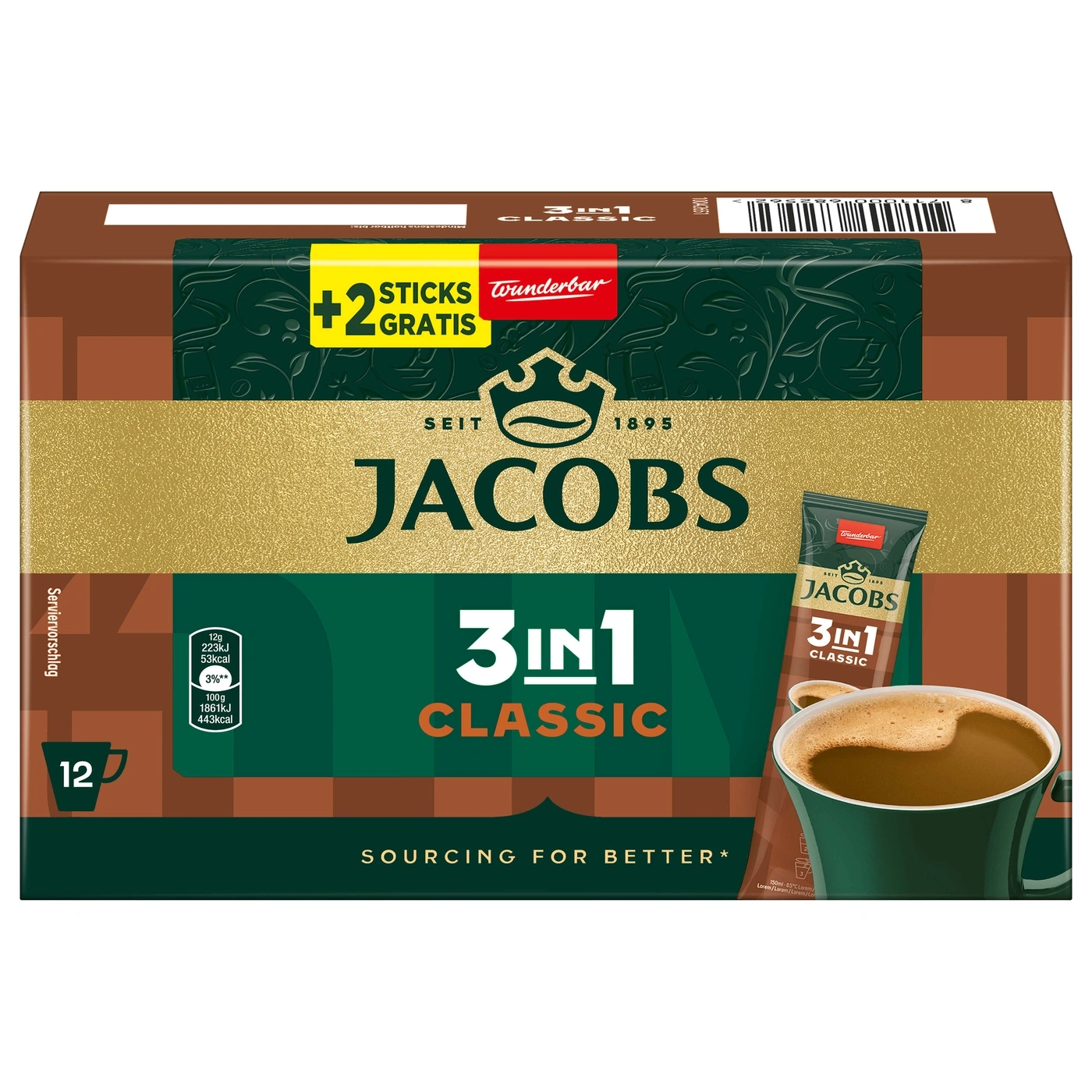 Jacobs 3in1 Classic Kaffee Packung mit 12 Sticks, +2 Gratis Sticks, Wunderbar