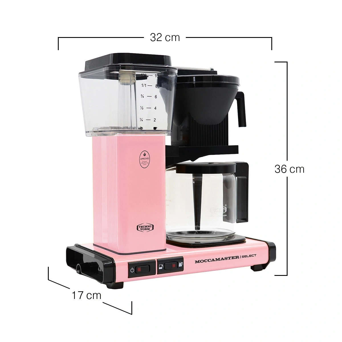 Moccamaster Kaffeemaschine in Rosa mit Maßangaben. Breite 32 cm, Höhe 36 cm, Tiefe 17 cm.