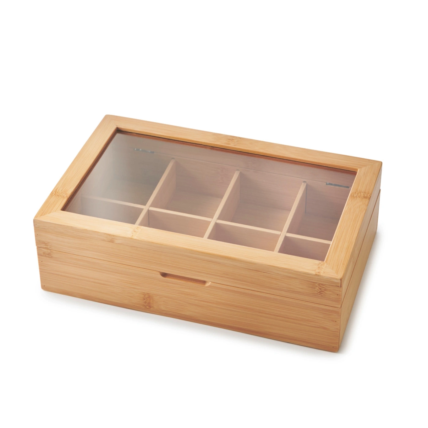 Holz-Teebox mit Glasdeckel und Fächern, ideal für Teebeutel.