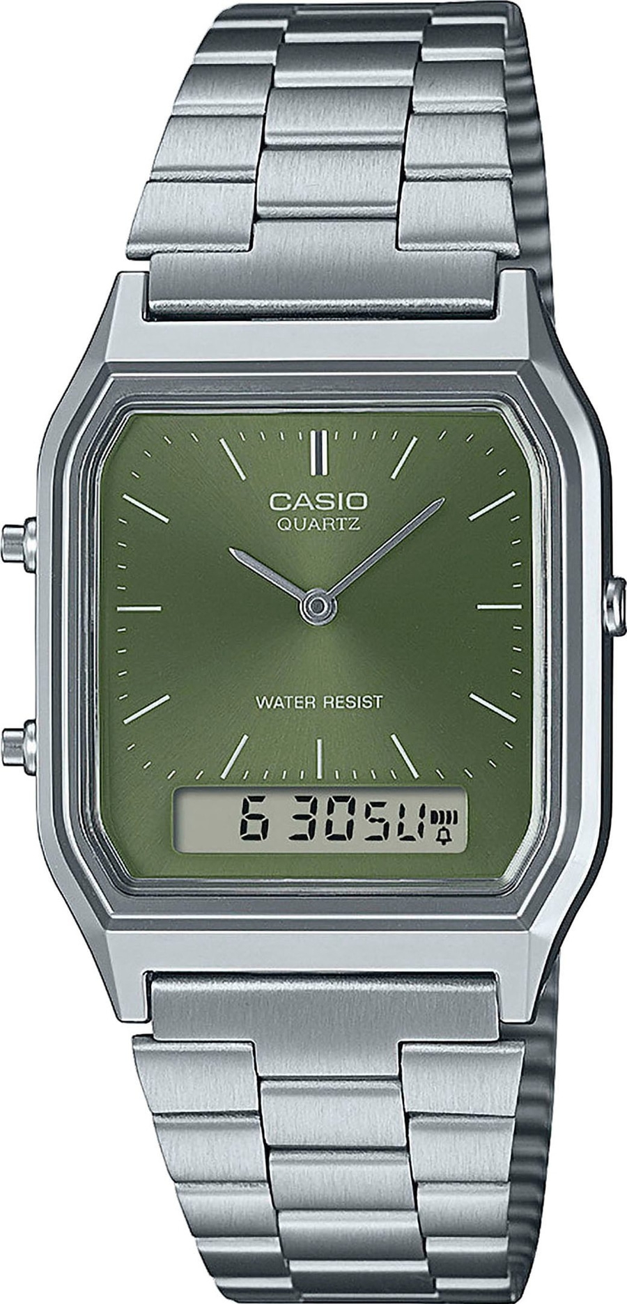 Casio-Uhr mit grünem Zifferblatt und silbernem Armband, Digitalanzeige.