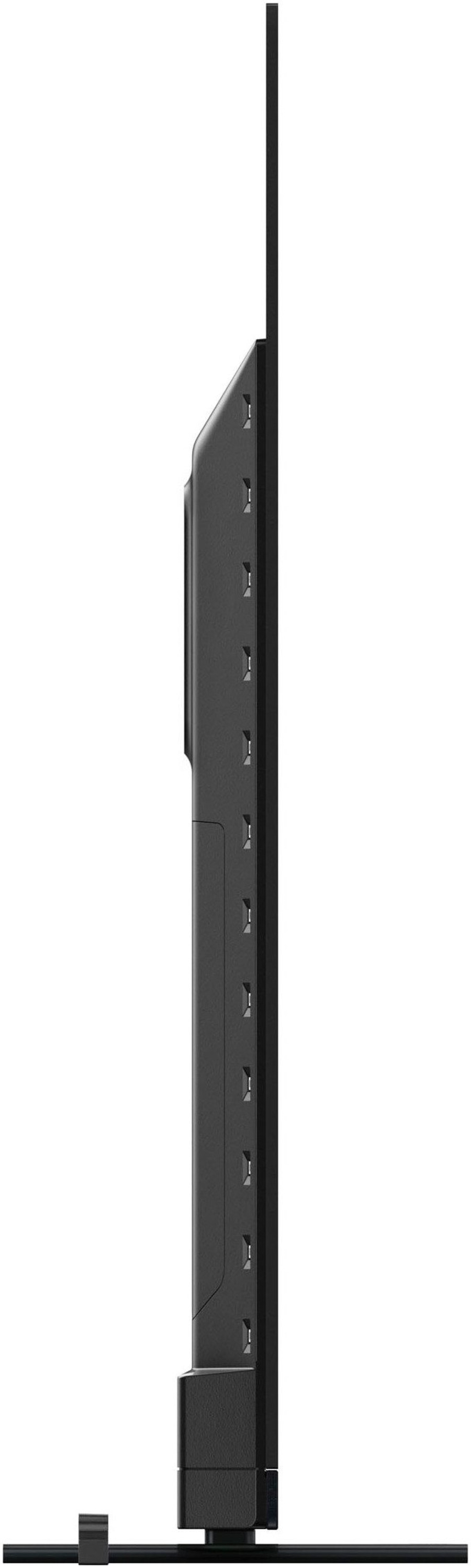 Schwarzer Fernseher, Seitenansicht, mit Halterung, schlankes Design, modernes Gerät, Technologie