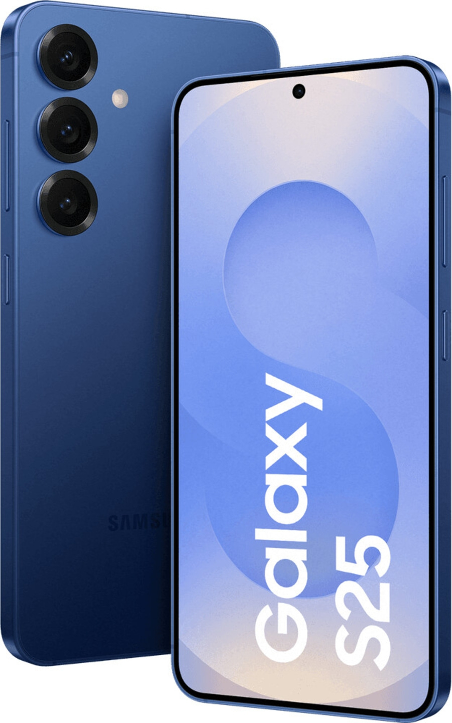 Blaues Samsung Galaxy S25 Smartphone mit drei Kameras und einem Bildschirm mit Galaxy S25-Schriftzug.