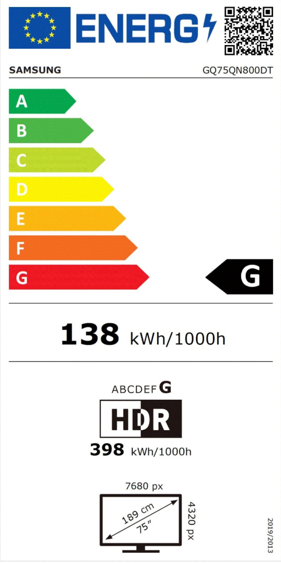 Energieeffizienzlabel für Samsung GQ75QN800DT Fernseher, Energieklasse G, 138 kWh/1000h