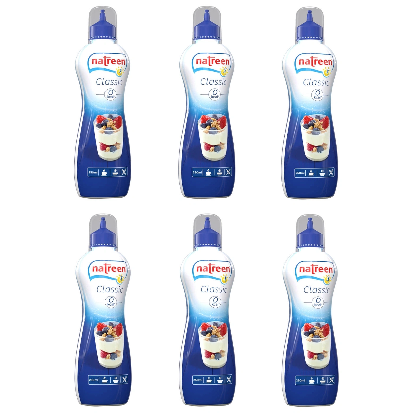 Sechs Flaschen Natreen Classic, 0 kcal, mit Beeren und Joghurt, 250ml, blaue Flaschen