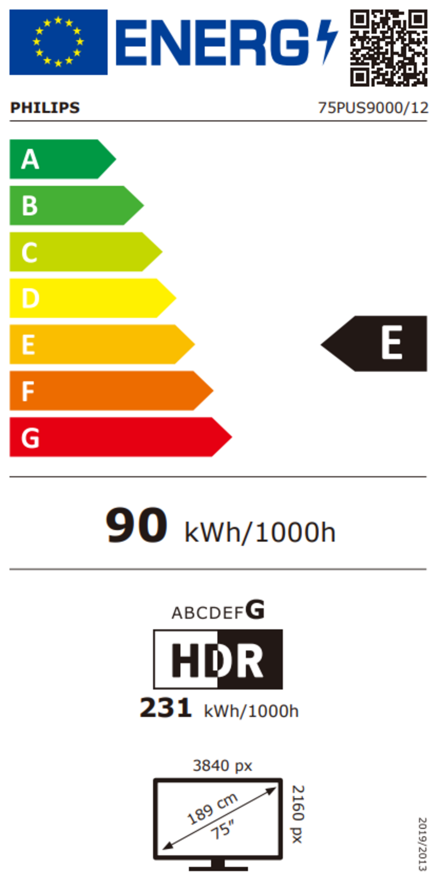 Energieeffizienzlabel für Philips Fernseher mit Energieklasse E und 90 kWh/1000h Verbrauch