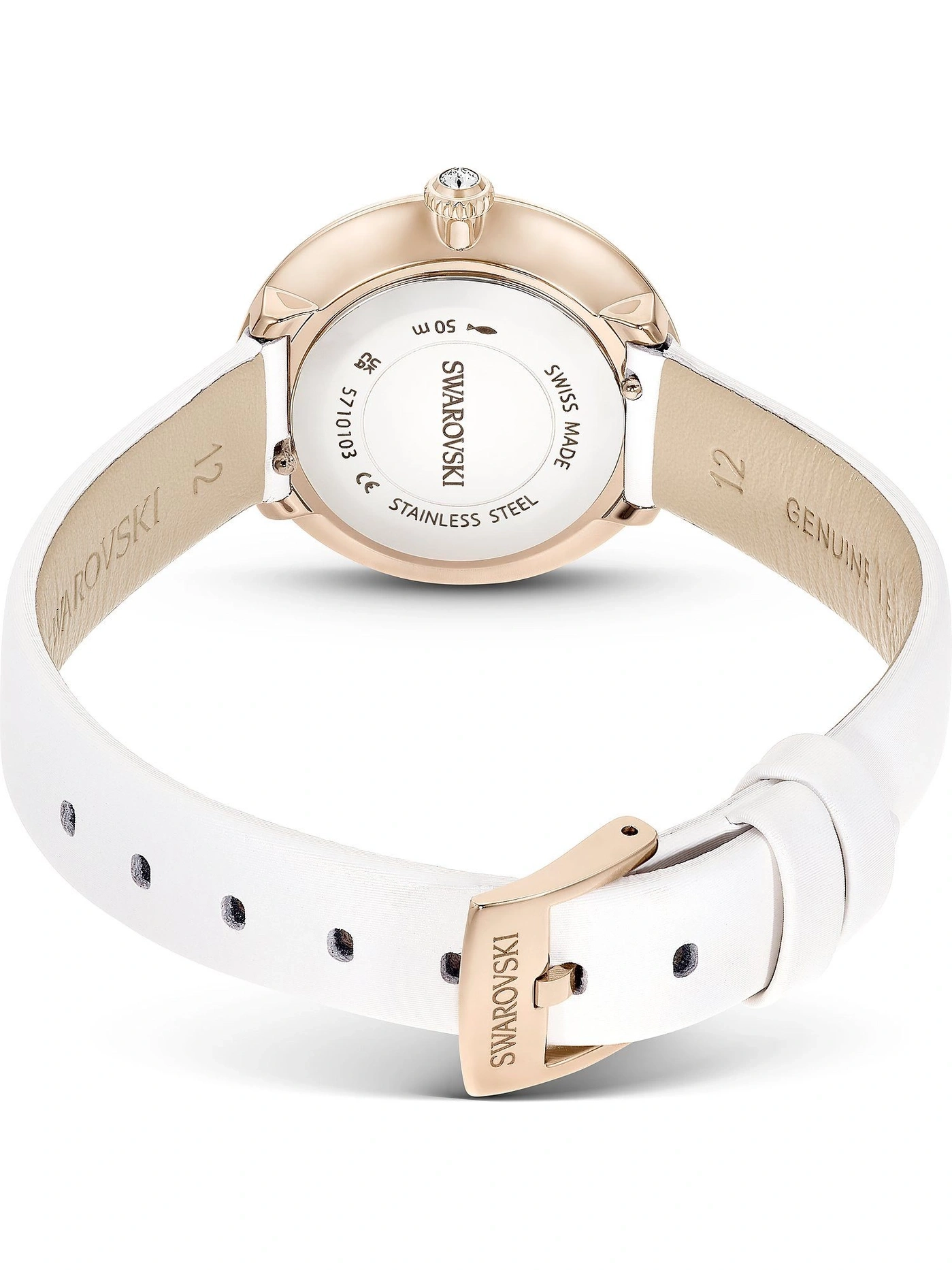 Rückseite einer weißen Damenuhr von Swarovski mit roséfarbenem Gehäuse und silberfarbener Schnalle