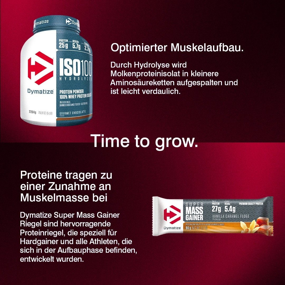 Dymatize ISO100 und Dymatize Super Mass Gainer Riegel für Muskelaufbau.