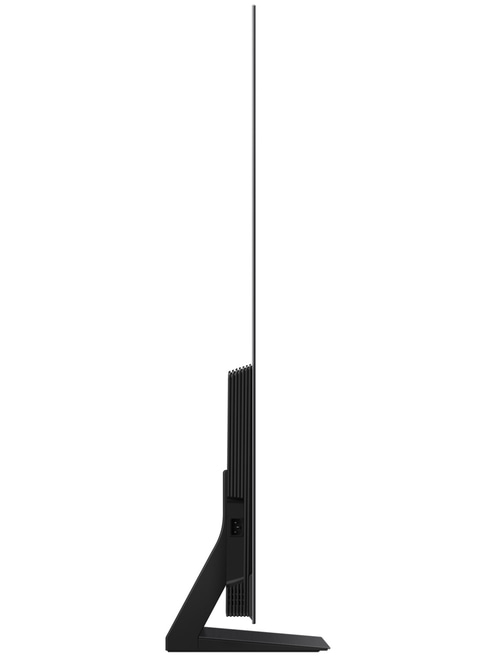 Schlanker Fernseher, Seitenansicht, schwarzer Rahmen, Standfuß, modernes Design, Technologie