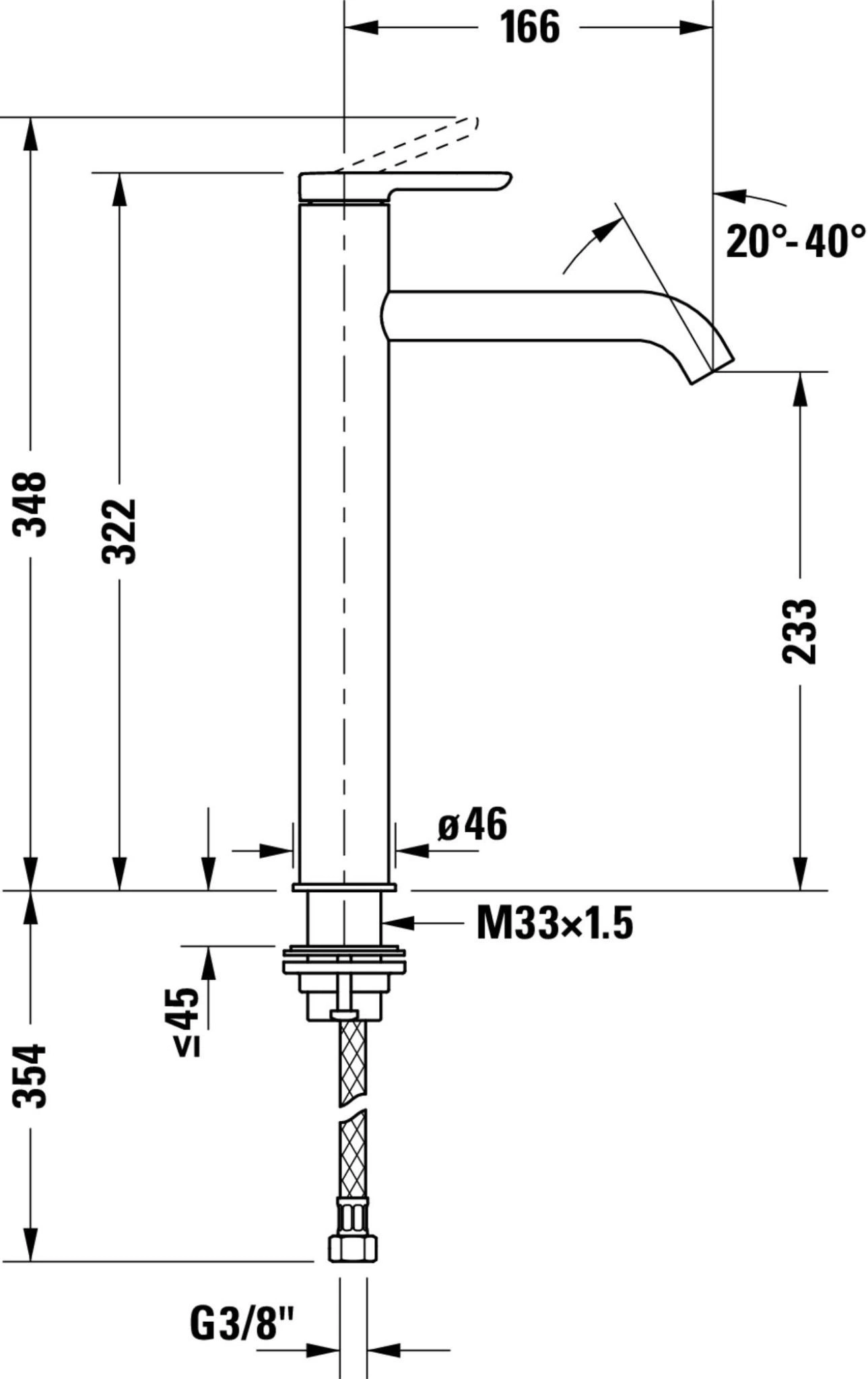 Armatur mit Abmessungen: 348, 322, 354, 233, 166, Ø46, M33x1.5, G3/8", Winkel 20°-40°, ≤45