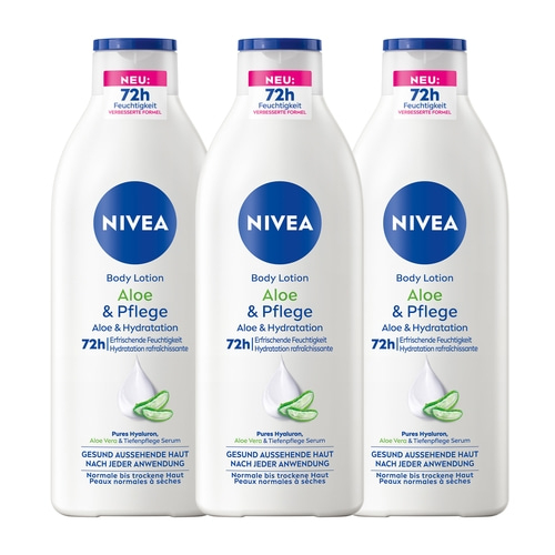 NIVEA Body Aloe & Pflege Lotion 3 x 400ml Hyaluron, Aloe Vera & Tiefenpflege
