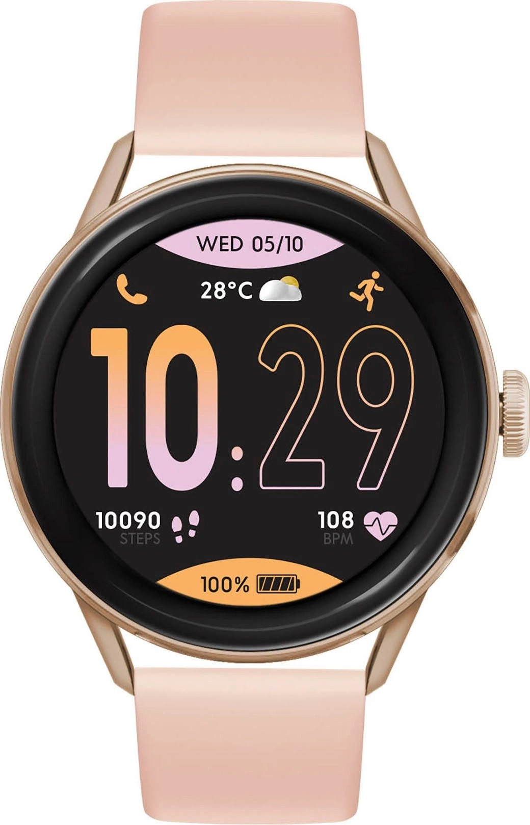 Ein digitaler rosegoldener Smartwatch-Bildschirm mit rosa Armband zeigt die Uhrzeit 10:29.