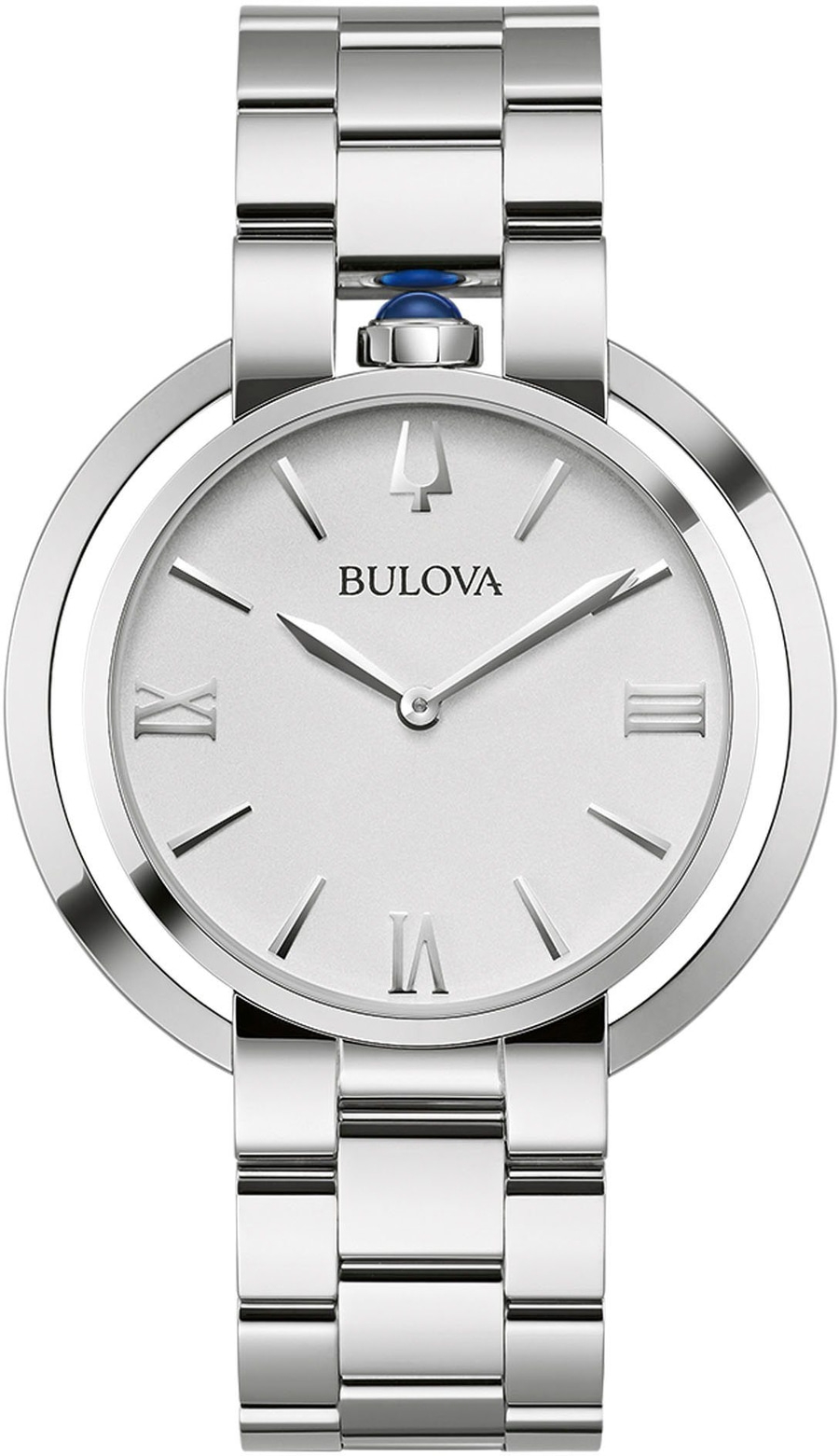 Bulova Damenuhr, silbernes Zifferblatt, römische Ziffern, Edelstahlarmband, elegantes Design.
