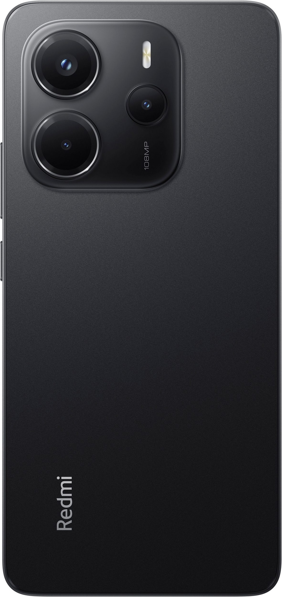 Schwarzes Smartphone mit drei Kameras und Redmi-Logo auf der Rückseite.