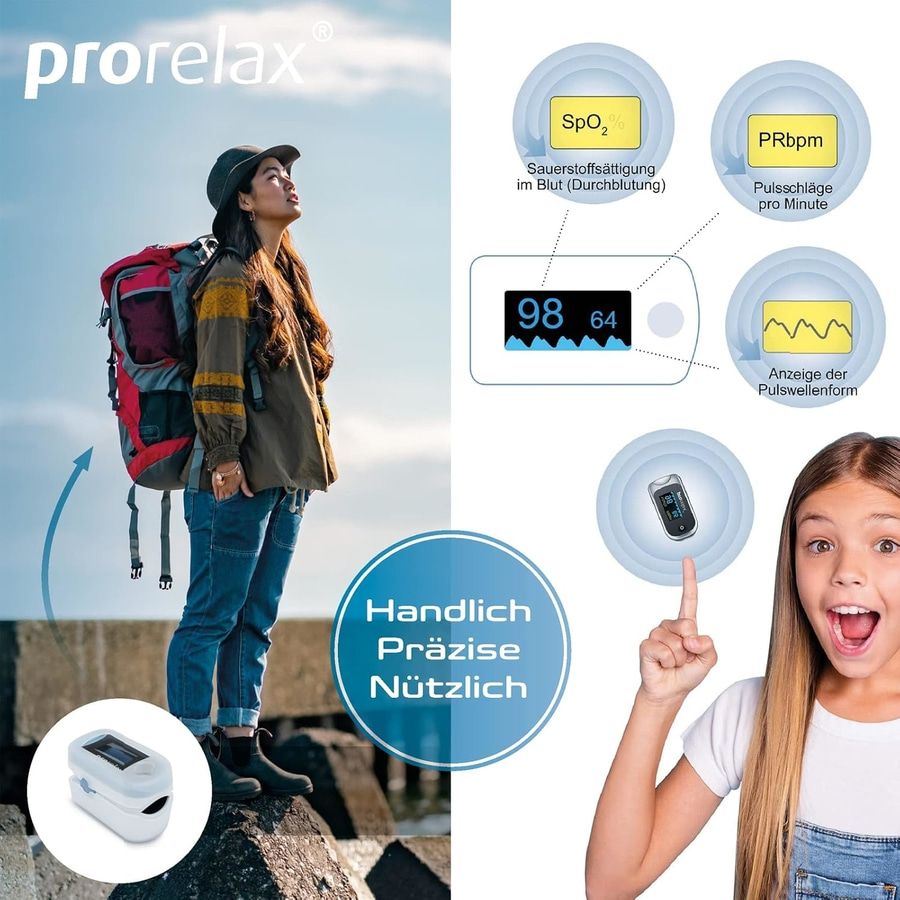 PRORELAX Pulsoximeter 12021 LED-Display Herz-Puls-Frequenz Messung NEU