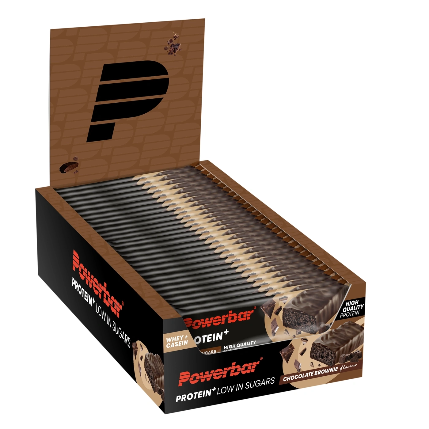 Schokoladenriegel-Box mit Proteinpulver-Riegeln in Schokoladenbraun.