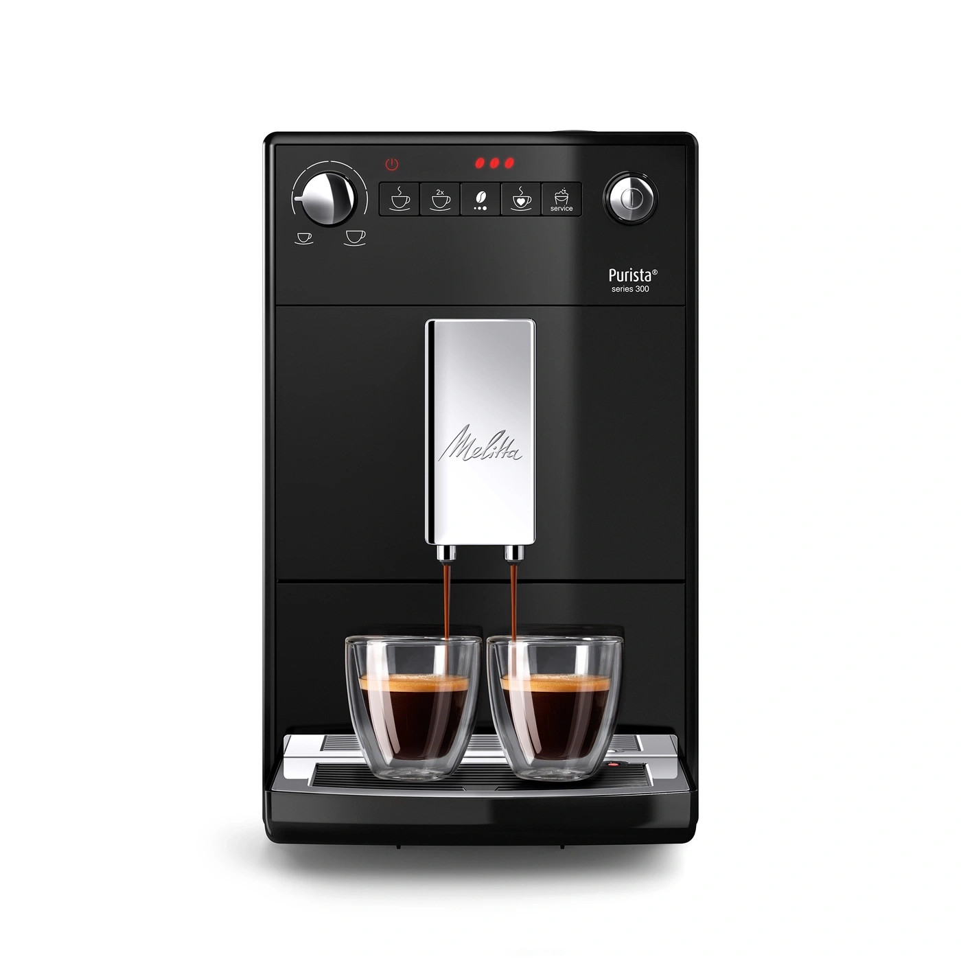 Schwarze Kaffeemaschine mit zwei Tassen, die Kaffee ausgibt, Melitta Purista Serie 300.
