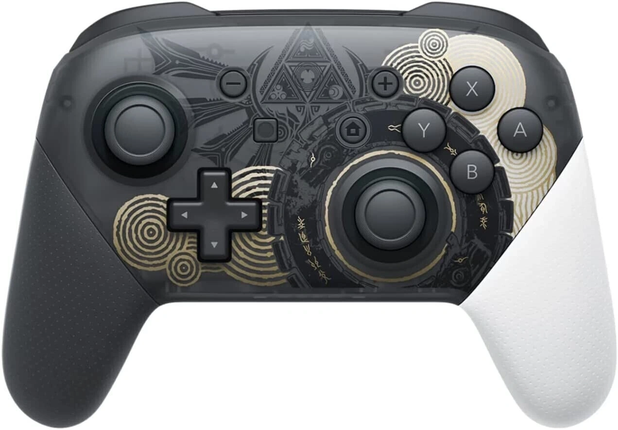 Schwarzer Nintendo Switch Pro Controller mit goldenen Symbolen und weißem Griff