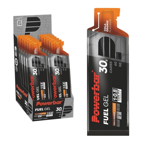 Powerbar Fuel Gel Cola-Orange Geschmack in einem Karton und einzeln verpackt.