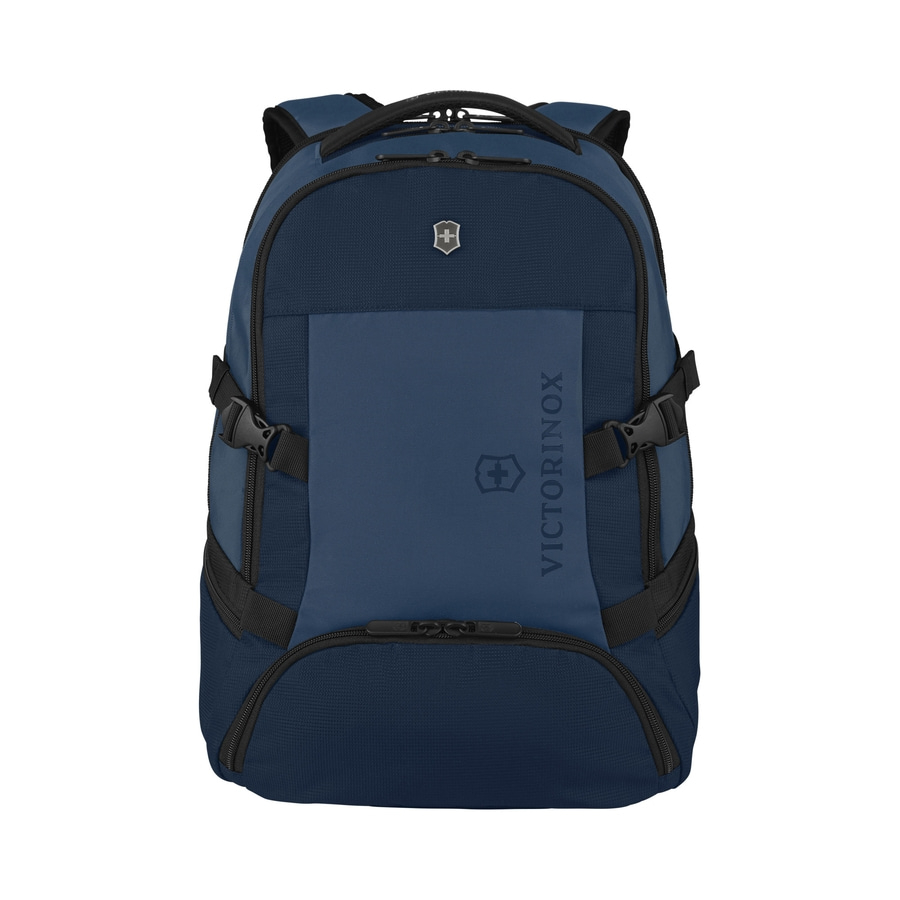 Blauer Victorinox Rucksack mit Reißverschluss und Logo, perfekt für den Alltag.
