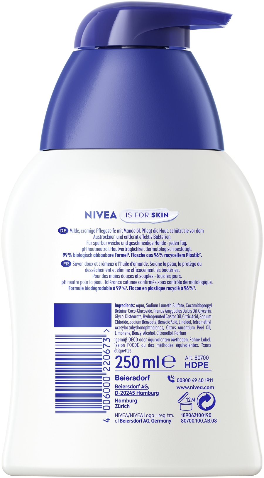 Eine weiße Nivea-Flasche mit einer blauen Kappe und einem Spender, die sich auf einem weißen Hintergrund abhebt. Die Flasche hat ein blaues Etikett mit Produktinformationen und einem Barcode.