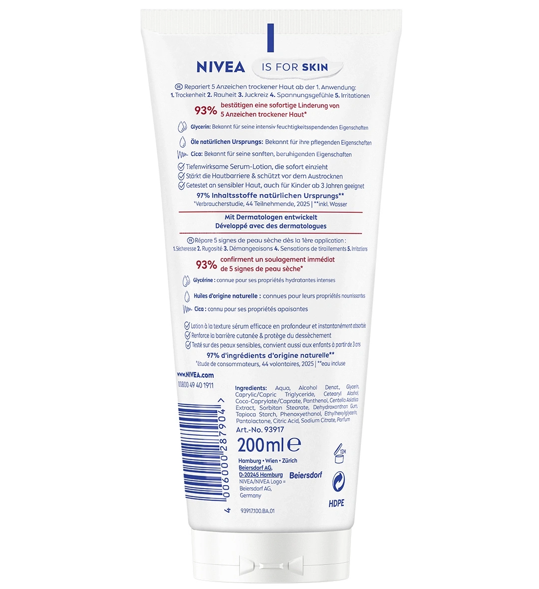 Nivea IS FOR SKIN feuchtigkeitsspendende Lotion mit Glycerin und Cica für trockene Haut.