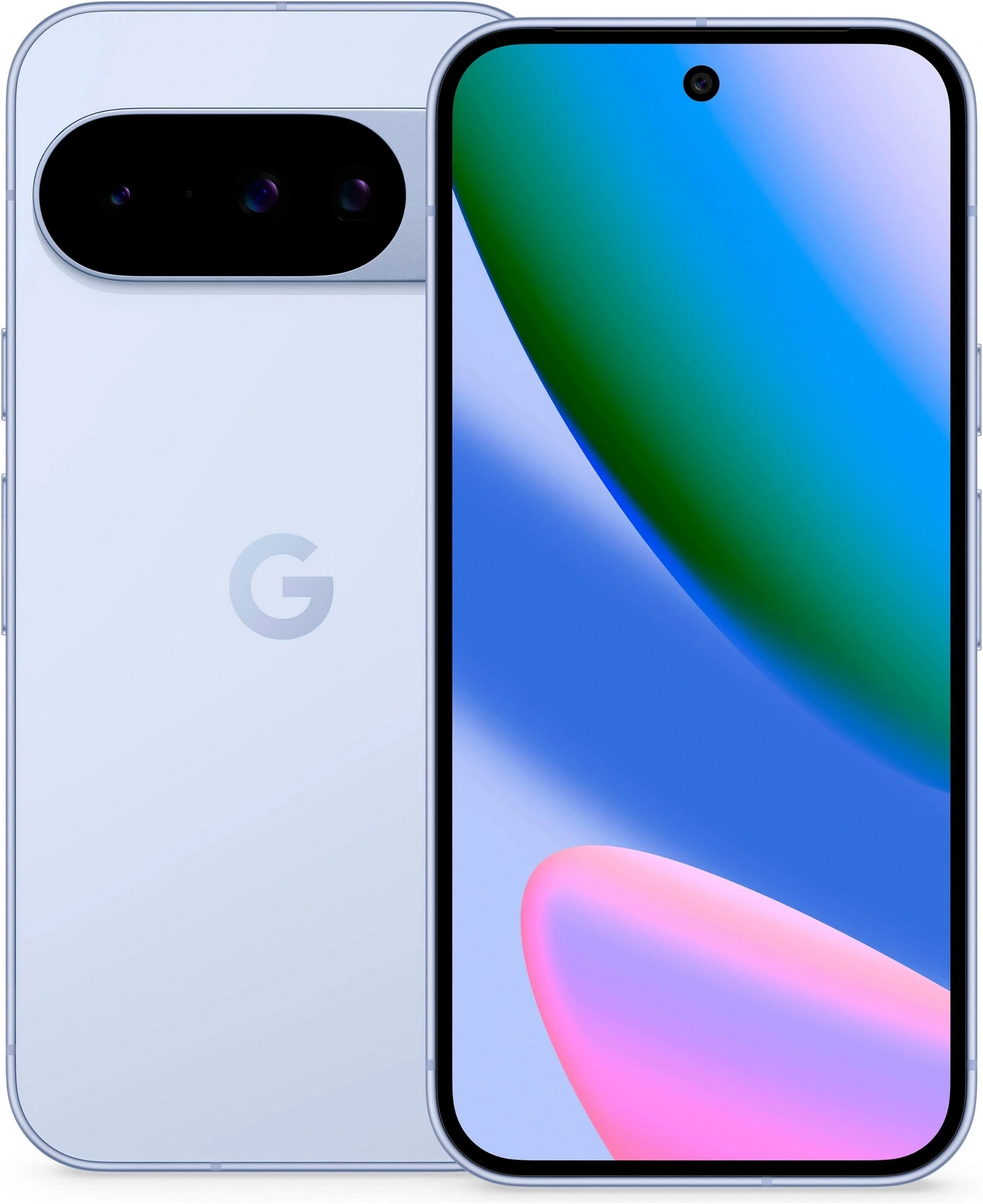 Ein hellblaues Google Pixel Smartphone mit drei Kameras und dem Google-Logo auf der Rückseite.