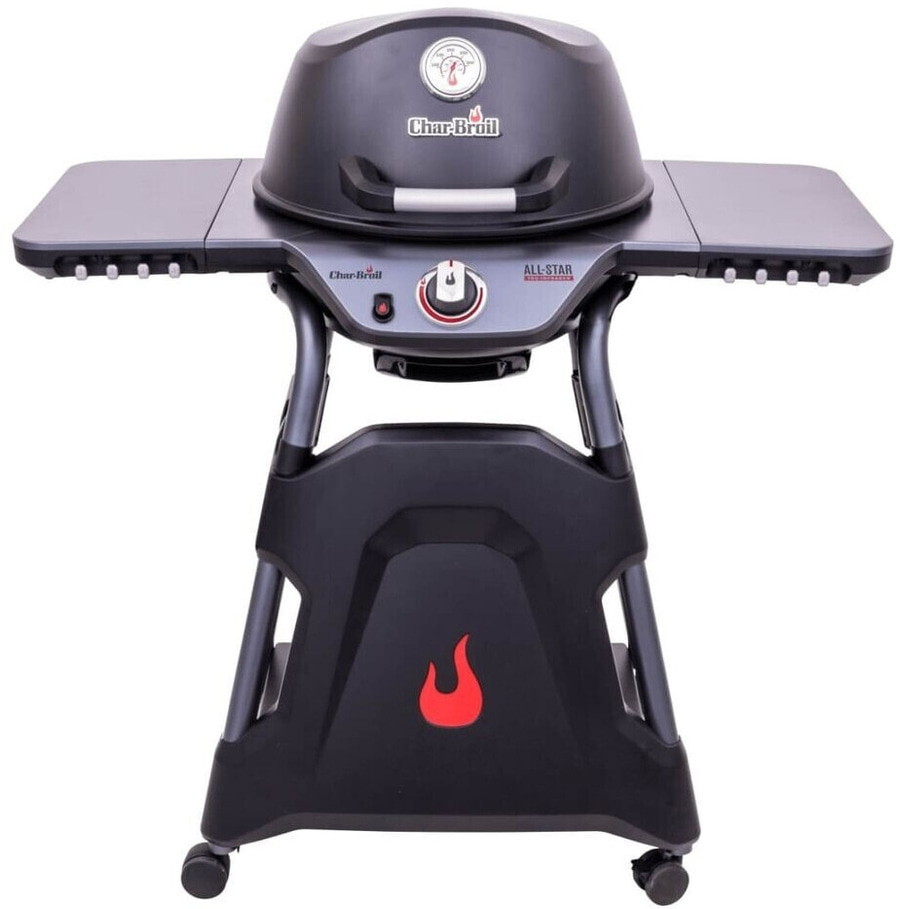 Schwarzer Char-Broil All-Star Gasgrill mit ausklappbaren Seitentischen und Rädern.