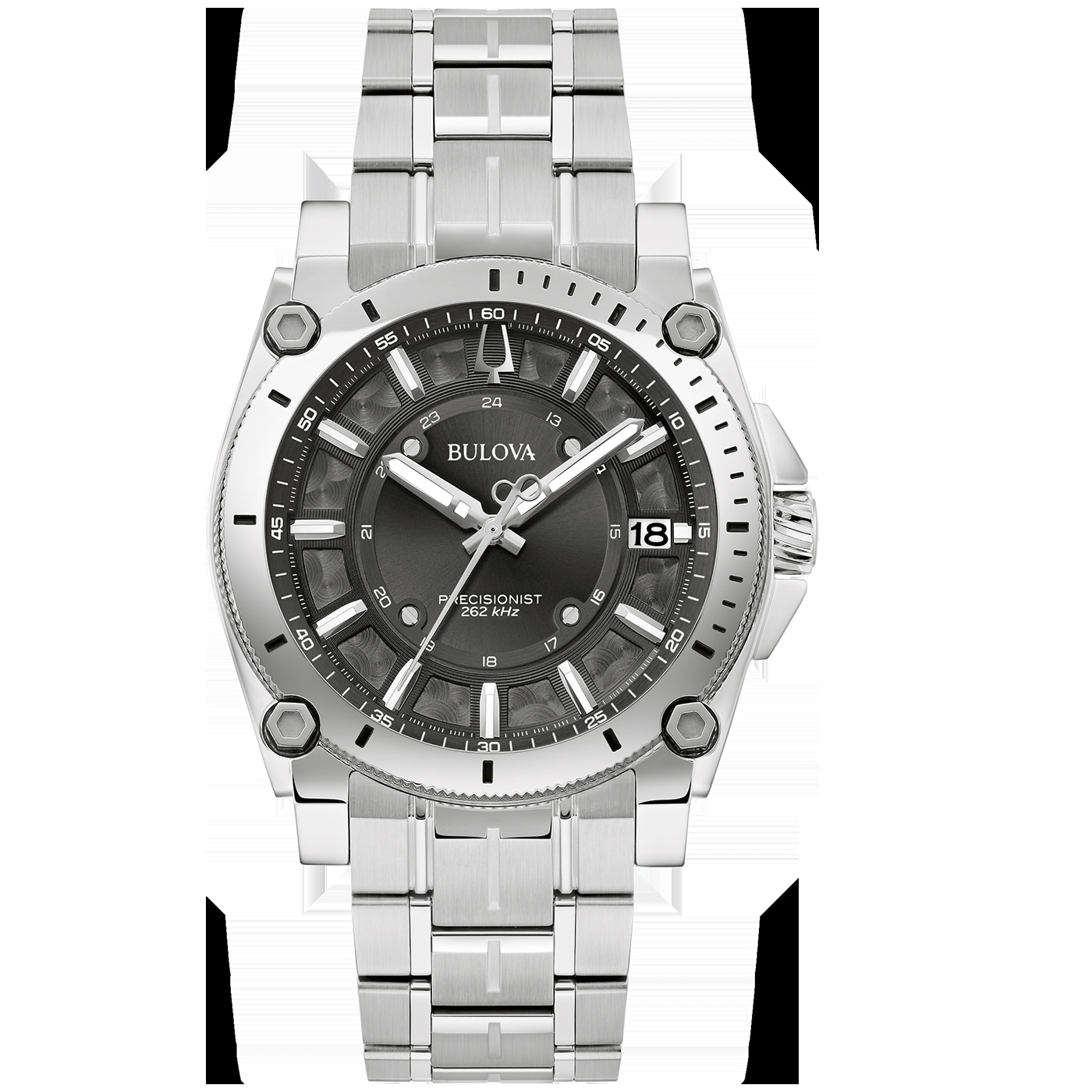 Bulova Precisionist Herrenuhr, silbernes Armband, schwarzes Zifferblatt, Datumsanzeige, 262 kHz