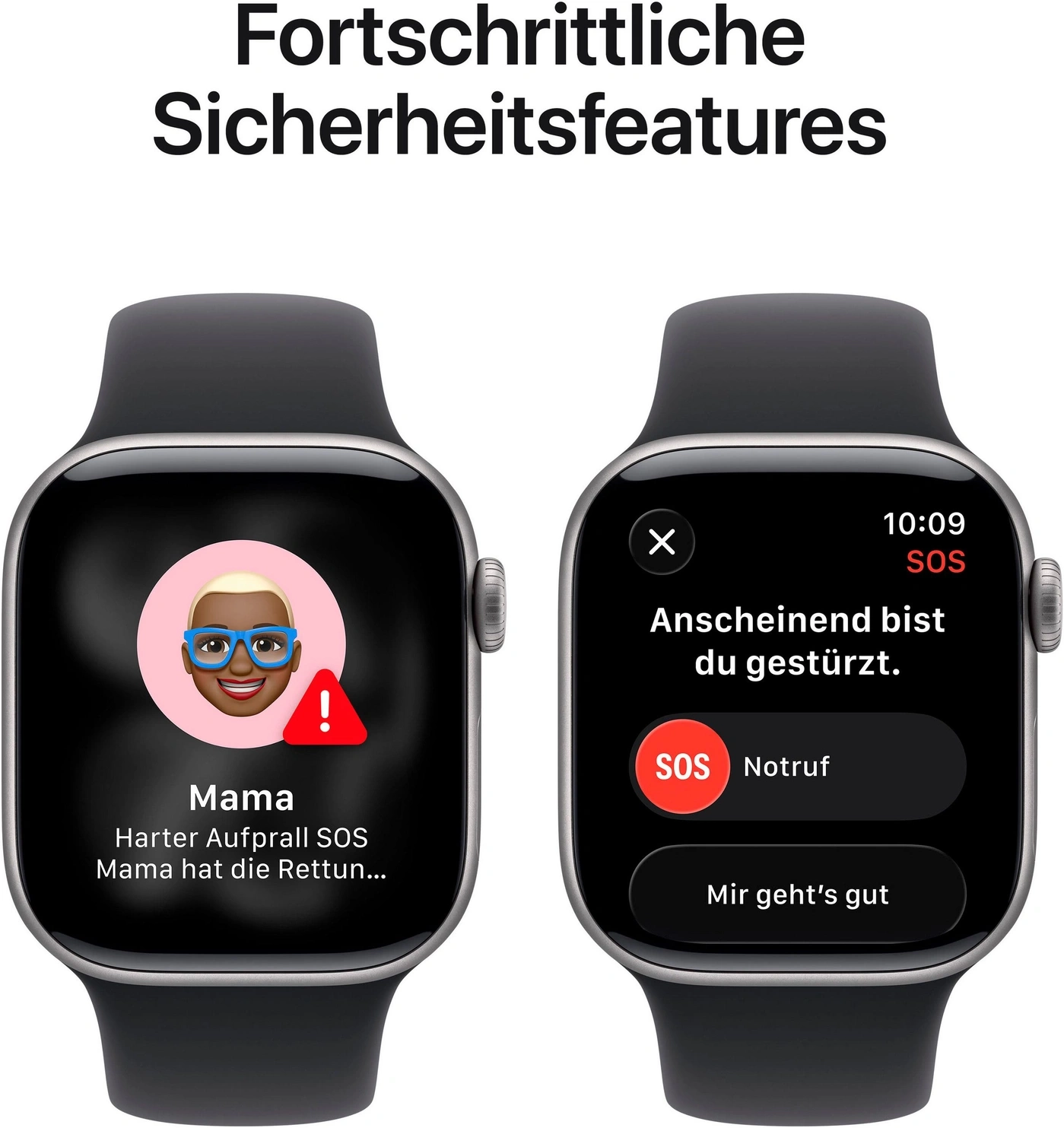 Fortschrittliche Sicherheitsfeatures auf der Apple Watch mit SOS-Notruf und Sturzerkennung.