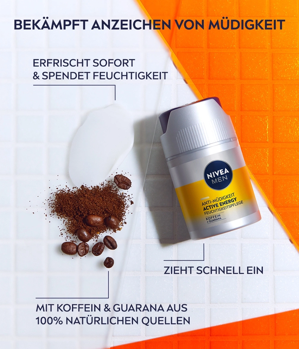 Nivea Men Anti-Müdigkeit Creme mit Koffein und Guarana, erfrischt sofort.