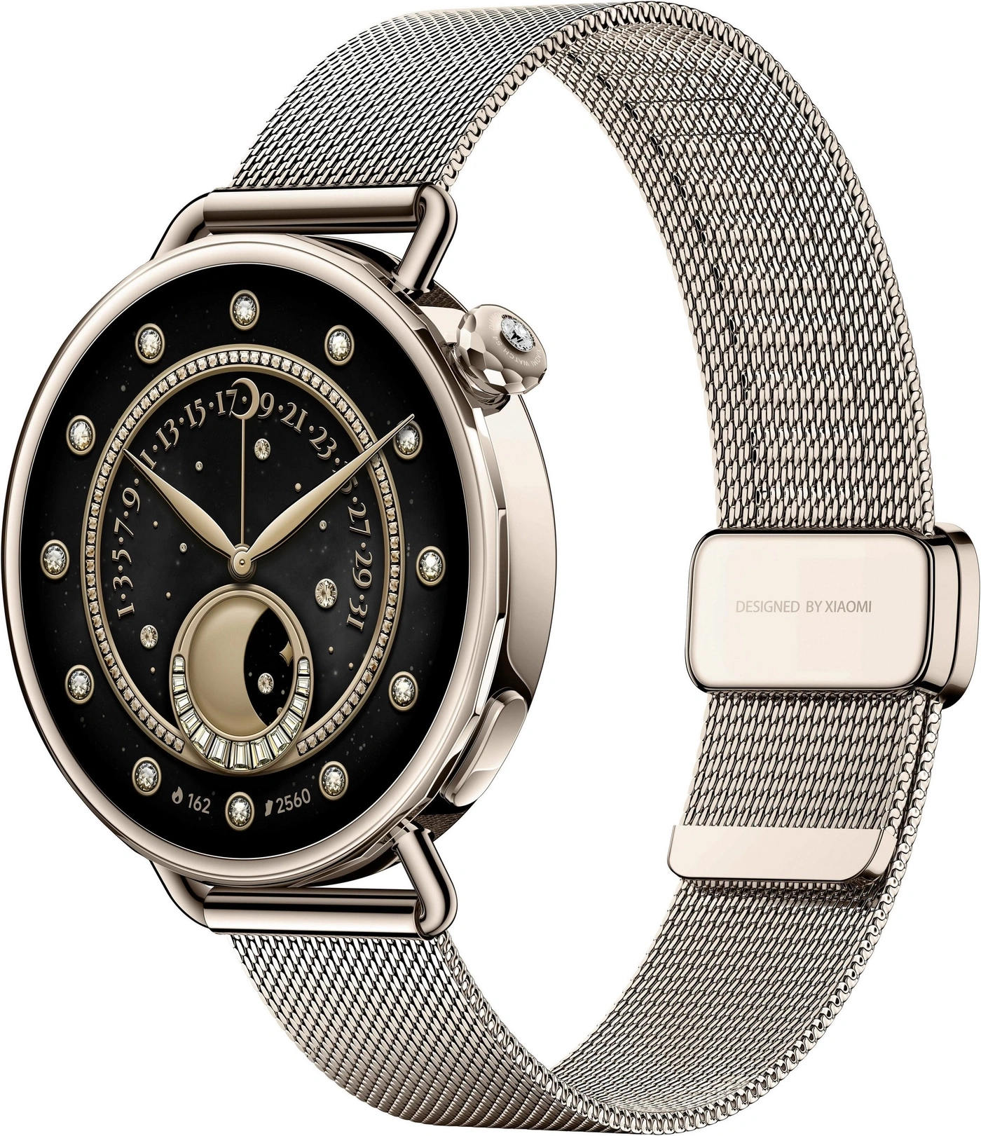 Ein luxuriöses, goldenes Smartwatch-Armband aus Metallgewebe mit schwarzem Zifferblatt, Diamanten und Mondphasenanzeige.