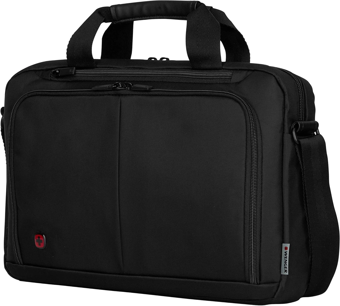 Schwarze Laptoptasche mit rotem Wenger-Logo und Schultergurt