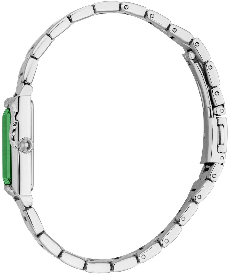 Ein silbernes Armband mit einem grünen rechteckigen Zifferblatt.