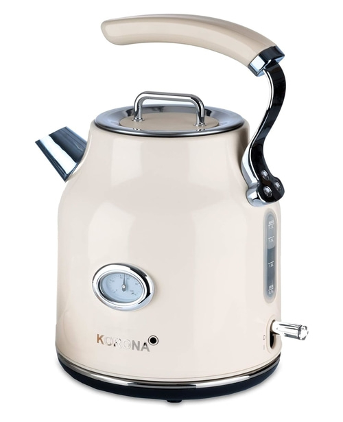 Beige Wasserkocher mit Temperaturanzeige und Chromdetails, Marke Korona