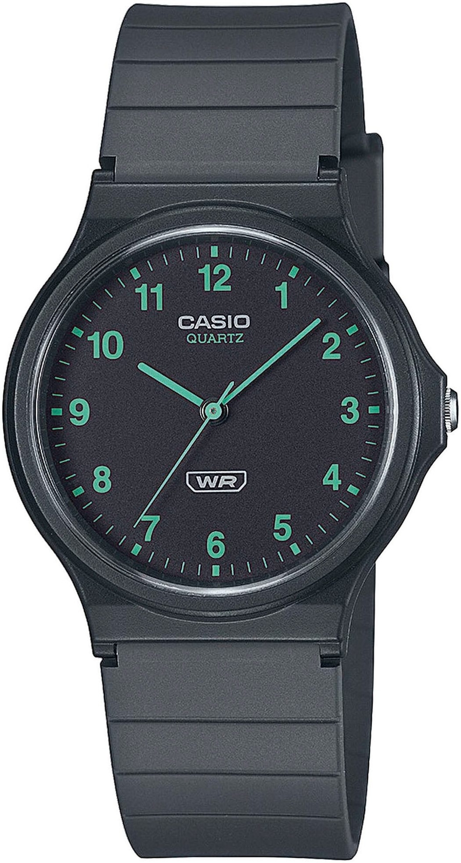 Eine schwarze Casio Quarzuhr mit grünen Zeigern und Ziffern.