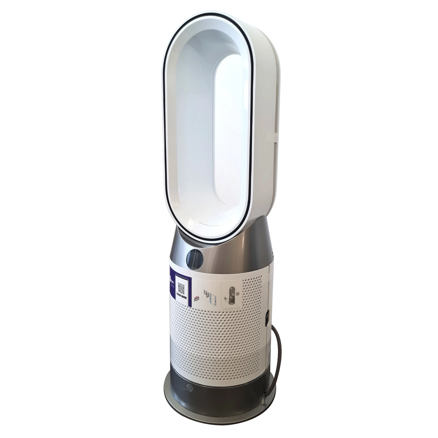 Ein Dyson Luftreiniger steht auf einem weißen Hintergrund. Er ist weiß und silber und hat eine ovale Öffnung oben.