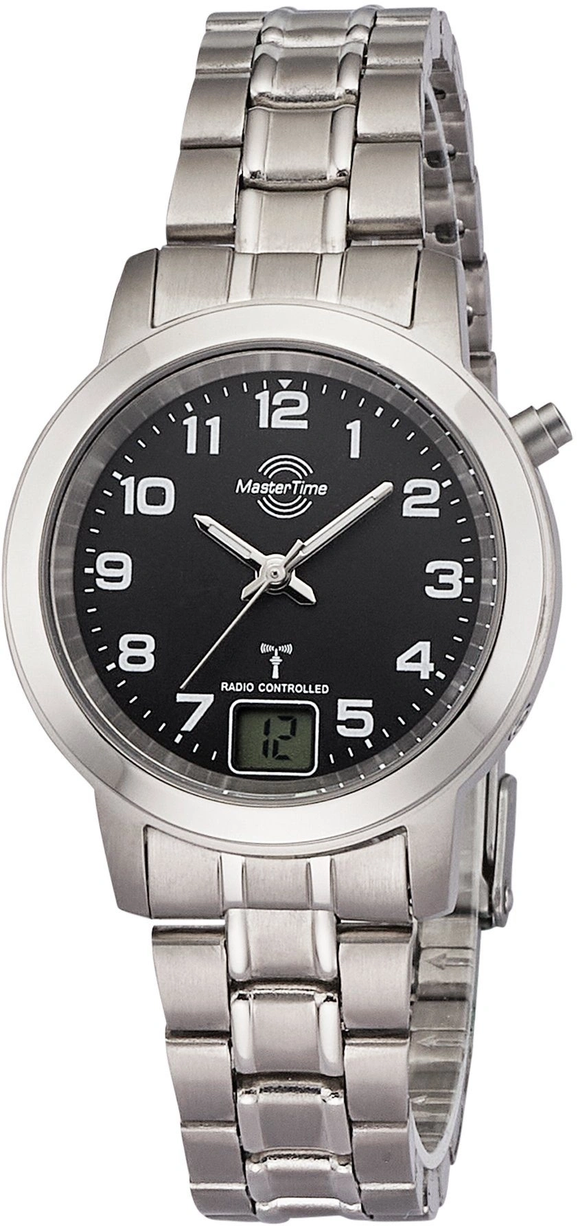 Silberne Herrenuhr mit schwarzem Zifferblatt und digitaler Anzeige