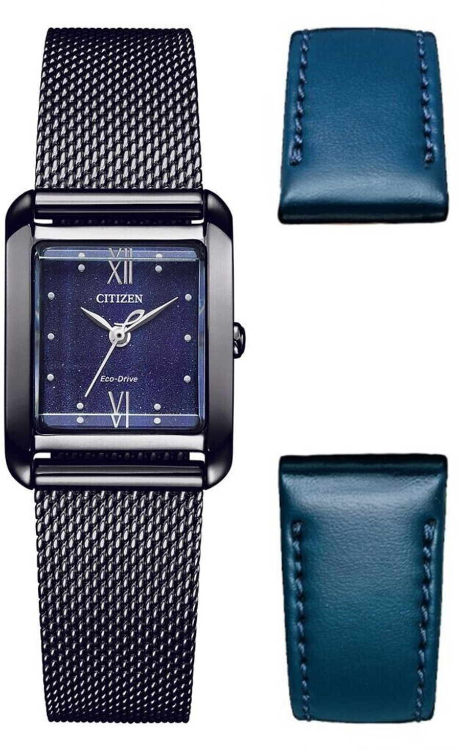 Citizen Damenuhr mit blauem Zifferblatt und Mesh-Armband, zwei blaue Lederbänder