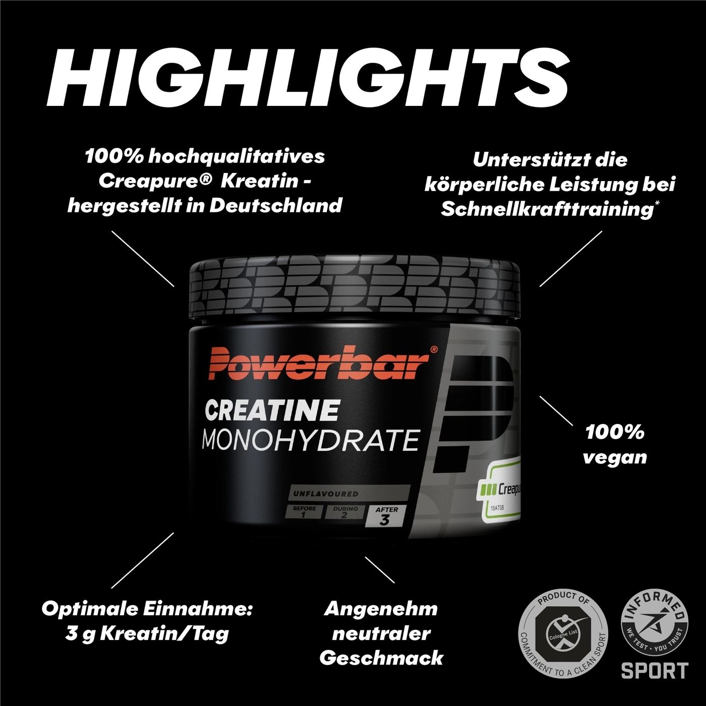 POWERBAR Kreatin Creapure® Monohydrate Pulver Black Line geschmacksneutral 300 g