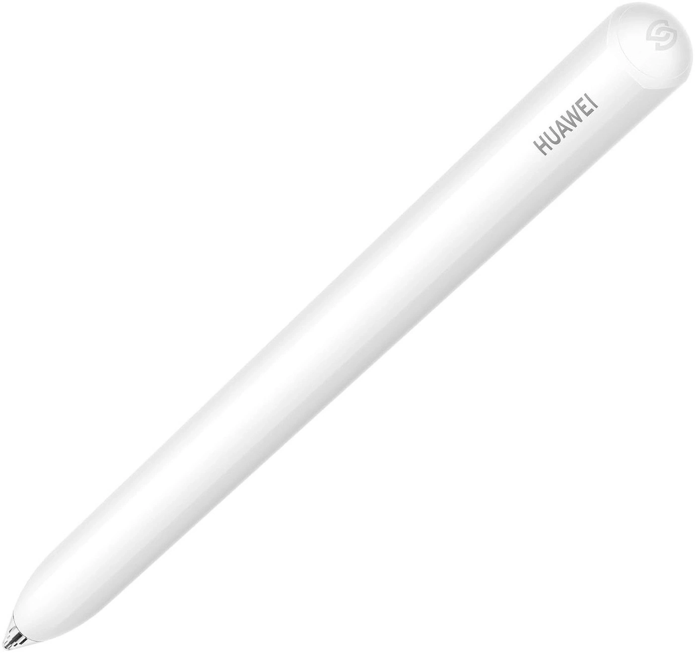 Weißer Huawei Stylus mit silberner Spitze und Huaweis Logo auf dem Kappenende.